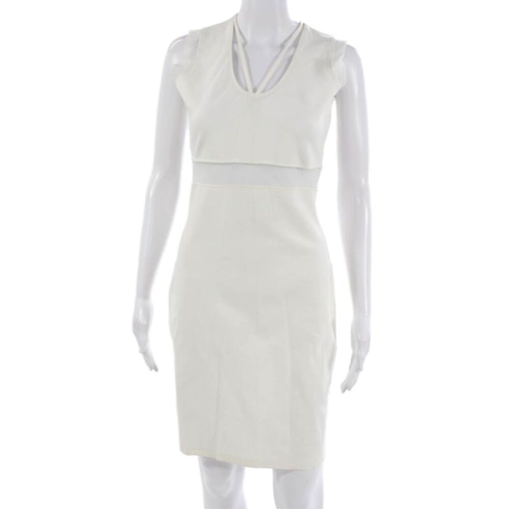 Betsy Moss Women Sheath Pencil Dress White V-Neck Sleeveless Knee Length Size M